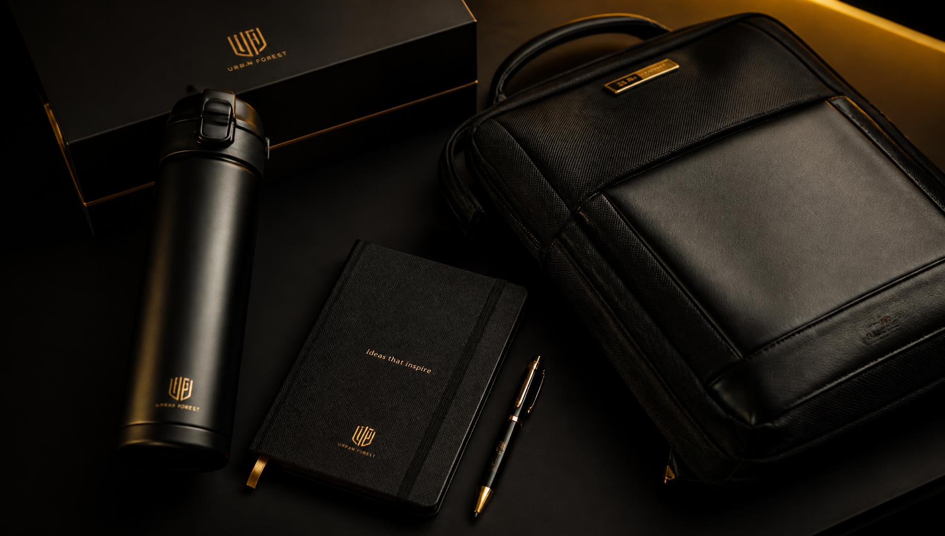 Luxury branded corporate gift set with drinkware, notebook and backpack